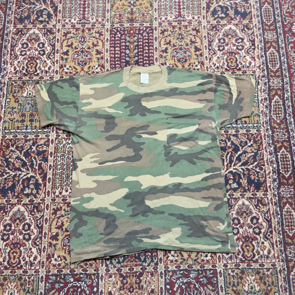 VTG 70s 80s Duck Bay Camo Pocket T-Shirt Green Brown Woodland Single Stitch USA